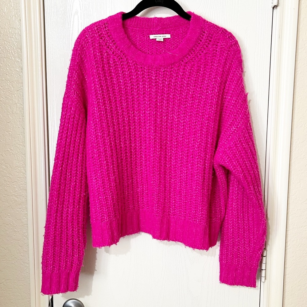 NWOT! [American Eagle] Chunky Knit Sweater Hot Pink Cropped Popover Girlie M